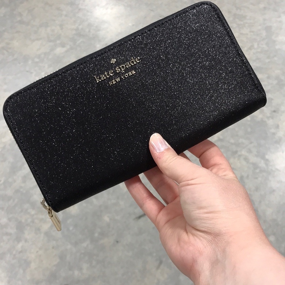 kate spade Black Glitter Zip-Around Wallet with Gold Logo